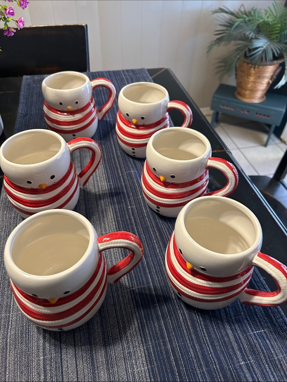 6 piece Red and White Striped Snowman Ceramic Mug - Festive Holiday Set